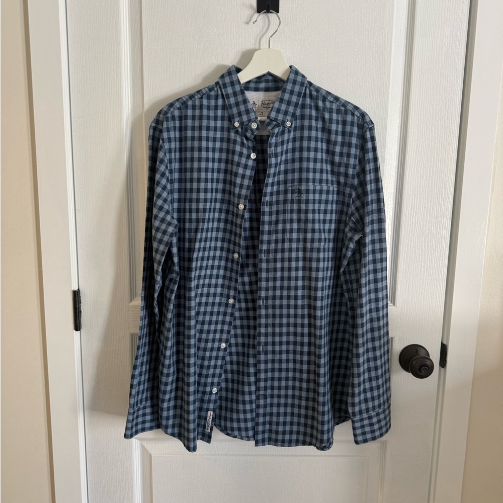 Original Penguin Men's Navy and Light Blue Gingham Button-Down Shirt